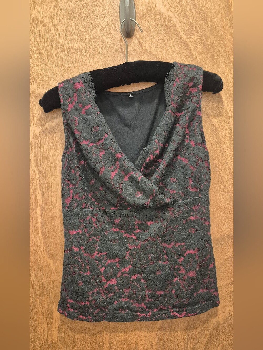 Sleeveless Black Lace Overlay V Neck Top - (Brand Unspecified)